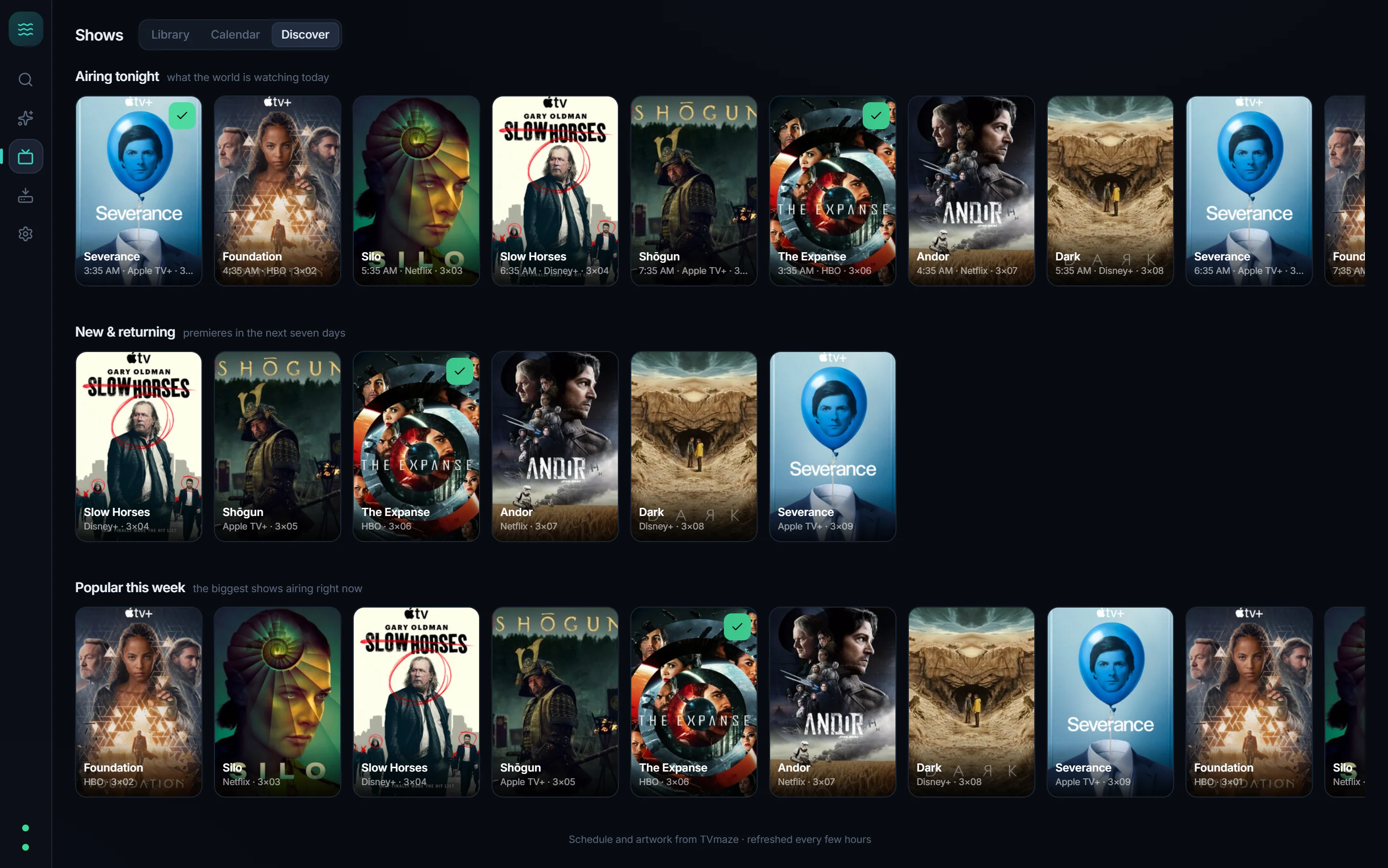 Discover view with poster walls of what's airing tonight, premiering, and popular
