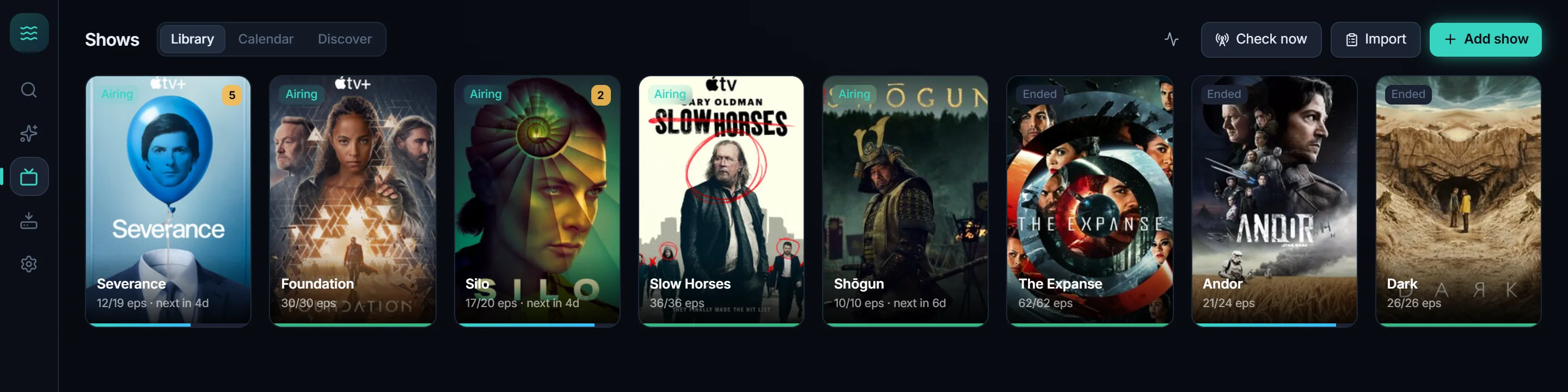 Followed shows grid with poster art and progress